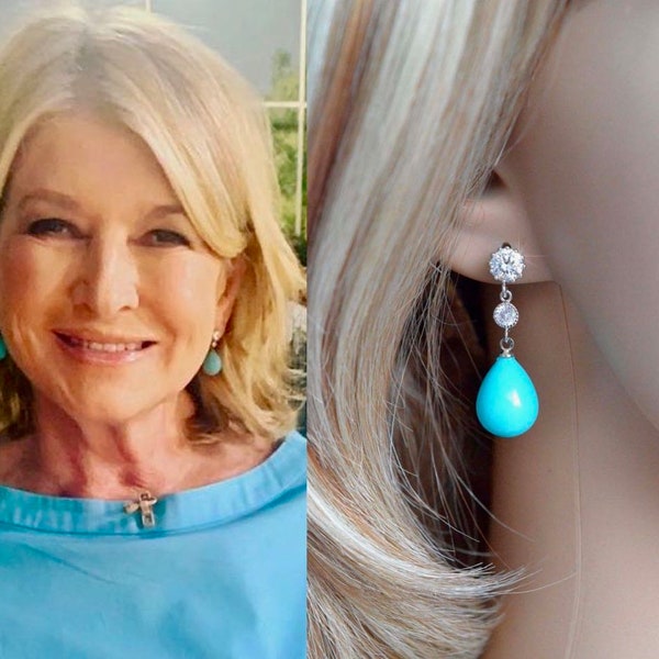 50+ Pair Sold Martha Stewart Celebrity Inspired Cubic Zirconia CZ & Turquoise White or Blush Shell Teardrop Pearl Earrings (Pearl-931)