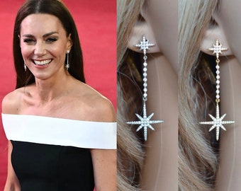 Silver or Gold Royalty Replica Princess of Wales Clear "Top Gun" Celestial Star CZ Long Drop Dangle Earrings, Wedding (Sparkle-3388)