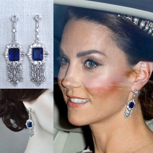 Exclusive Royalty Reproduction Princess of Wales & Queen Mother Sapphire Blue Fringe CZ Dangle Earrings, Bridal (Sparkle-3296)