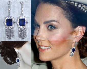 Exclusive Royalty Reproduction Princess of Wales & Queen Mother Sapphire Blue Fringe CZ Dangle Earrings, Bridal (Sparkle-3296)