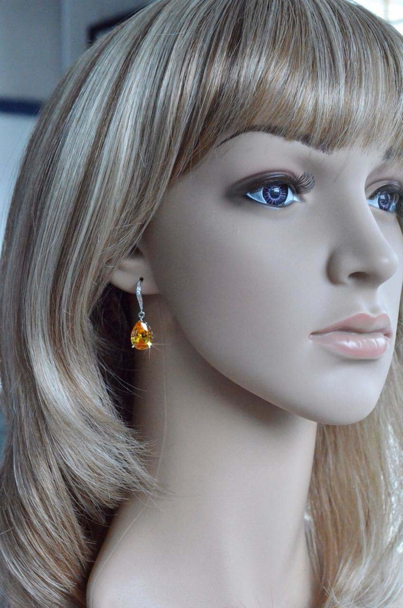 Handmade Classic Dark Yellow Cubic Zirconia CZ Teardrop Dangle Earrings Sparkle-3017 Wedding Bridal