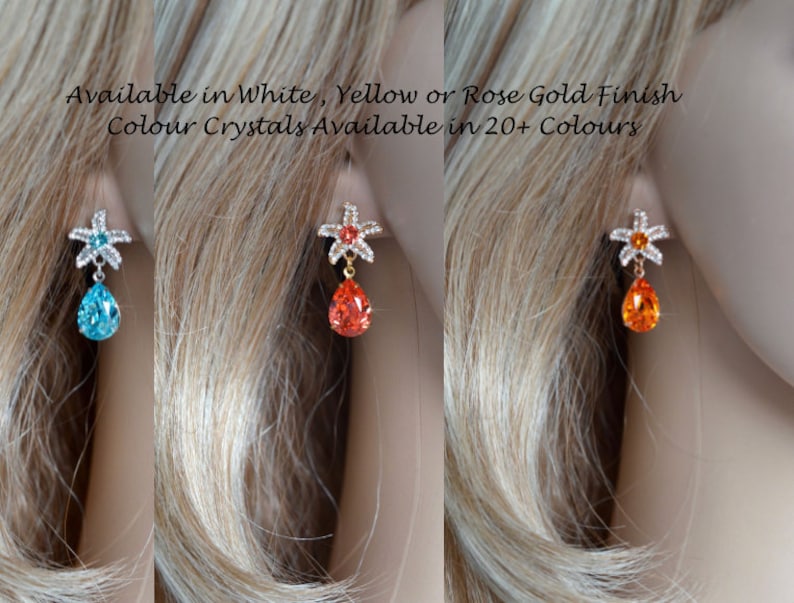 Rhodium Sparkle-3278 Beach Wedding Yellow or Rose Gold Clear Cubic Zirconia CZ /& Colour Crystal Starfish Dangle Bridal Earrings