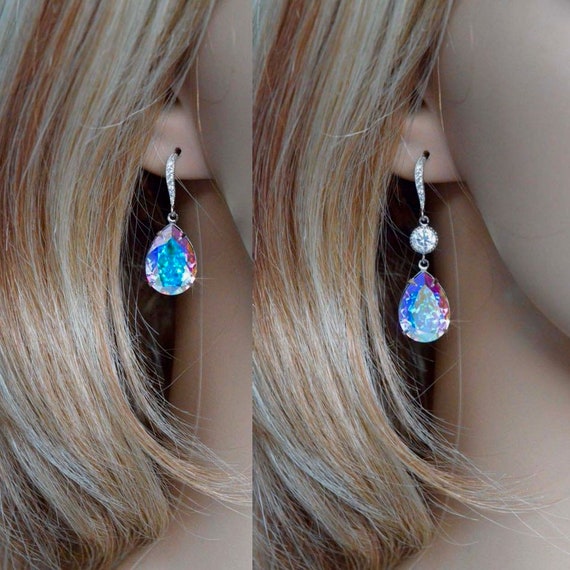 Aurora Borealis AB Pear Multi colour European Crystal Dangle Earrings Necklace Set Bridal Wedding sparkle 2354 Etsy