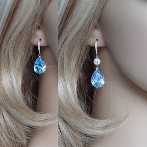 Aquamarine Aqua Pear Cut Swarovski Crystal Dangle Earrings, Necklace, Set, Bridal, Wedding (Sparkle-3068)
