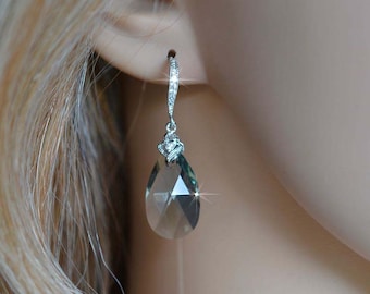 Handmade Grey Swarovski Black Diamond Pear Crystal Dangle Earrings, Necklace, Set, Bridal, Wedding (Sparkle-2859)