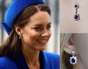Royalty Replica Catherine Princess of Wales Oval Sapphire Blue and Clear Cubic Zirconia Necklace, Bridal (Sparkle-2754-A)