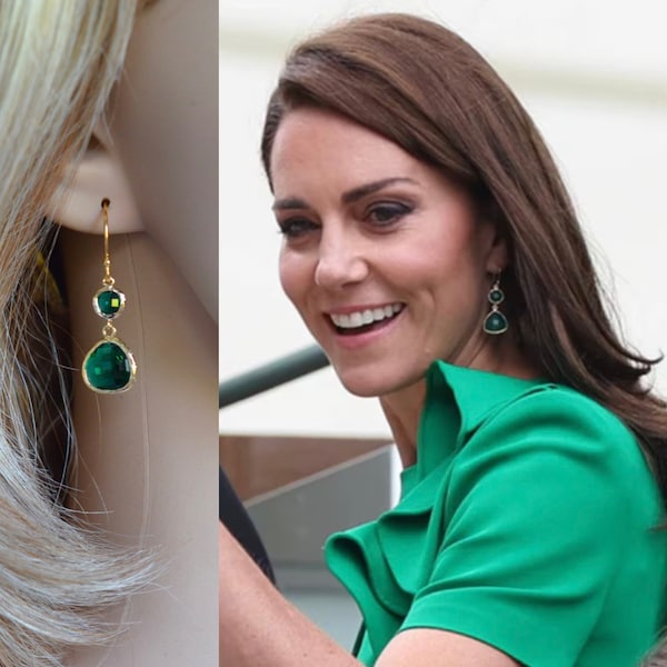 Royalty Replica Princess of Wales Celebrity Inspired Emerald Green Crystal Dangle Earrings, Wimbledon 2023 (Sparkle-3419)