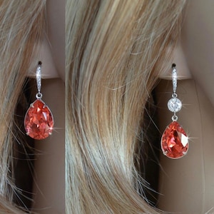 LAST PAIR Handmade Bright Coral Swarovski Padparadscha Pear Cut Crystal Earrings, Necklace, Set, Bridal, Wedding Sparkle-2644 image 1