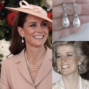 Silver or Gold Royalty Reproduction Princess of Wales Diana Collingwood Pearl & CZ Drop Earrings, Bridal (Pearl-915)