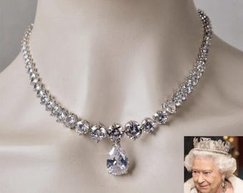 Queen Victoria's Coronation Necklace Replica, Graduated CZ & Large CZ Drop (Sparkle-3325)