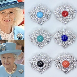Royalty Replica Queen Elizabeth II Turquoise and Cubic Zirconia CZ Silvertone Brooch (Sparkle-3439)