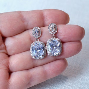 Silver or Gold Royalty Replica Catherine Princess of Wales CLEAR Cushion Cut CZ Bridal Drop Dangle Earrings, Wedding Sparkle-3379 image 6