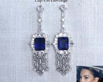 Catherine Princess of Wales Replica Clip-On Sapphire Blue Fringe CZ Dangle Earrings (Sparkle-3296-CO)