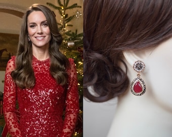 Royalty Replica Catherine Princess of Wales Together at Christmas 2022 Red & Hematite Crystal Dangle Earrings (Sparkle-3403)