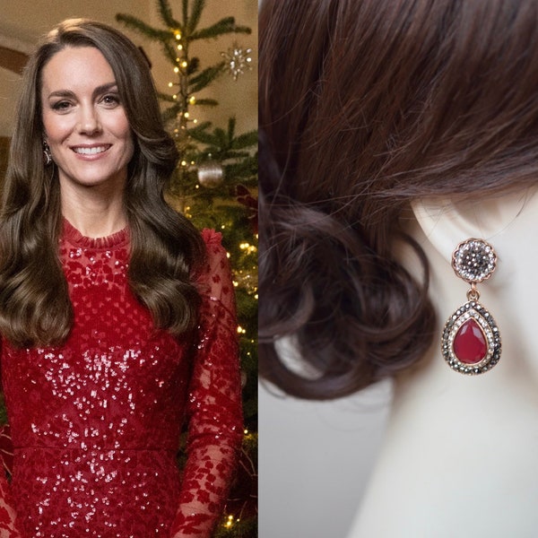 Royalty Replica Catherine Princess of Wales Together at Christmas 2022 Red & Hematite Crystal Dangle Earrings (Sparkle-3403)