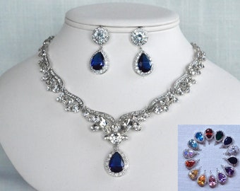 Dramatic Crystal Rhinestone & CZ Bridal Necklace and Earring Set, Blue Green Purple Red Pink, Bridal, Wedding (Sparkle-3174)