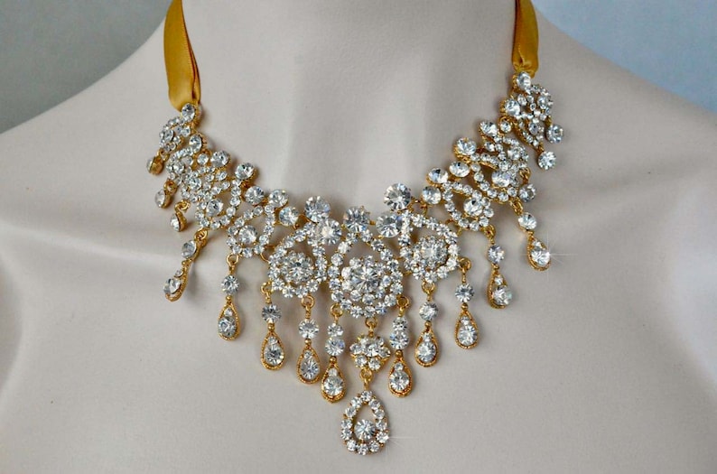 Dramatic Vintage Inspired Clear Crystal Rhinestone in Yellow Gold Bridal Necklace and Earring Set Wedding Sparkle-3141