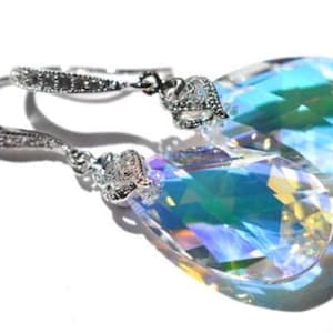 ALMOST GONE Swarovski Aurora Borealis (AB) Pear Crystal Dangle Earring, Necklace, Set, Bridal, Wedding (Sparkle-1944)