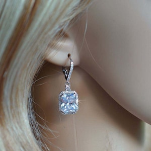 Rhodium, Yellow or Rose Gold Emerald Cut Cubic Zirconia CZ Lever Back Earrings, Necklace, Bridal (Sparkle-2887)