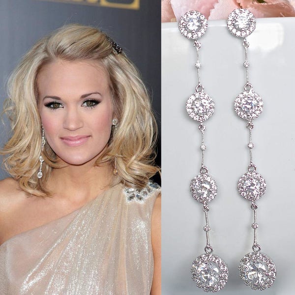 Dramatic Handmade Carrie Underwood Celebrity Inspired Long Cubic Zirconia CZ Dangle Earrings, Bridal, Wedding (Sparkle-1989)