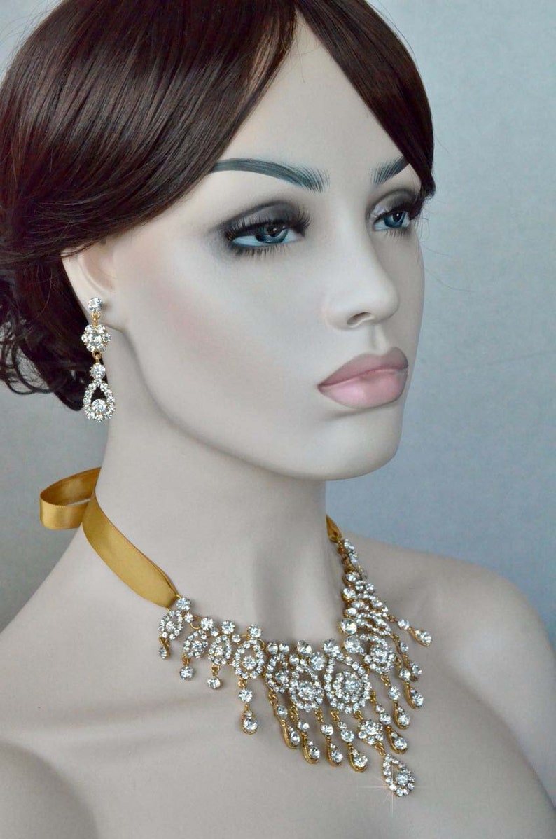 Dramatic Vintage Inspired Clear Crystal Rhinestone in Yellow Gold Bridal Necklace and Earring Set Wedding Sparkle-3141