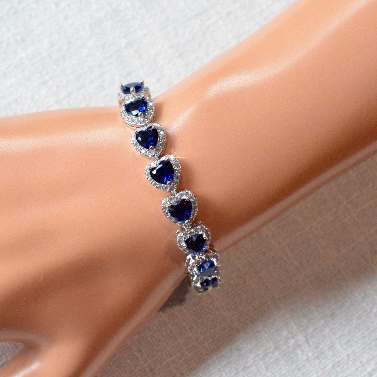 Sapphire Blue Heart Cut Halo Cubic Zirconia CZ Line or Tennis