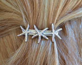 Aurora Borealis AB Crystal Rhinestone Triple Starfish Hair French Barrette, Bridal, Beach Wedding, Destination Wedding (Sparkle-2675-B)