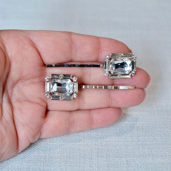 Art Deco rhinestone silver pins set of 2 Art Deco Rhinestone Hair Pins: 1920s Style Bridal Bobby Pins  main image 4