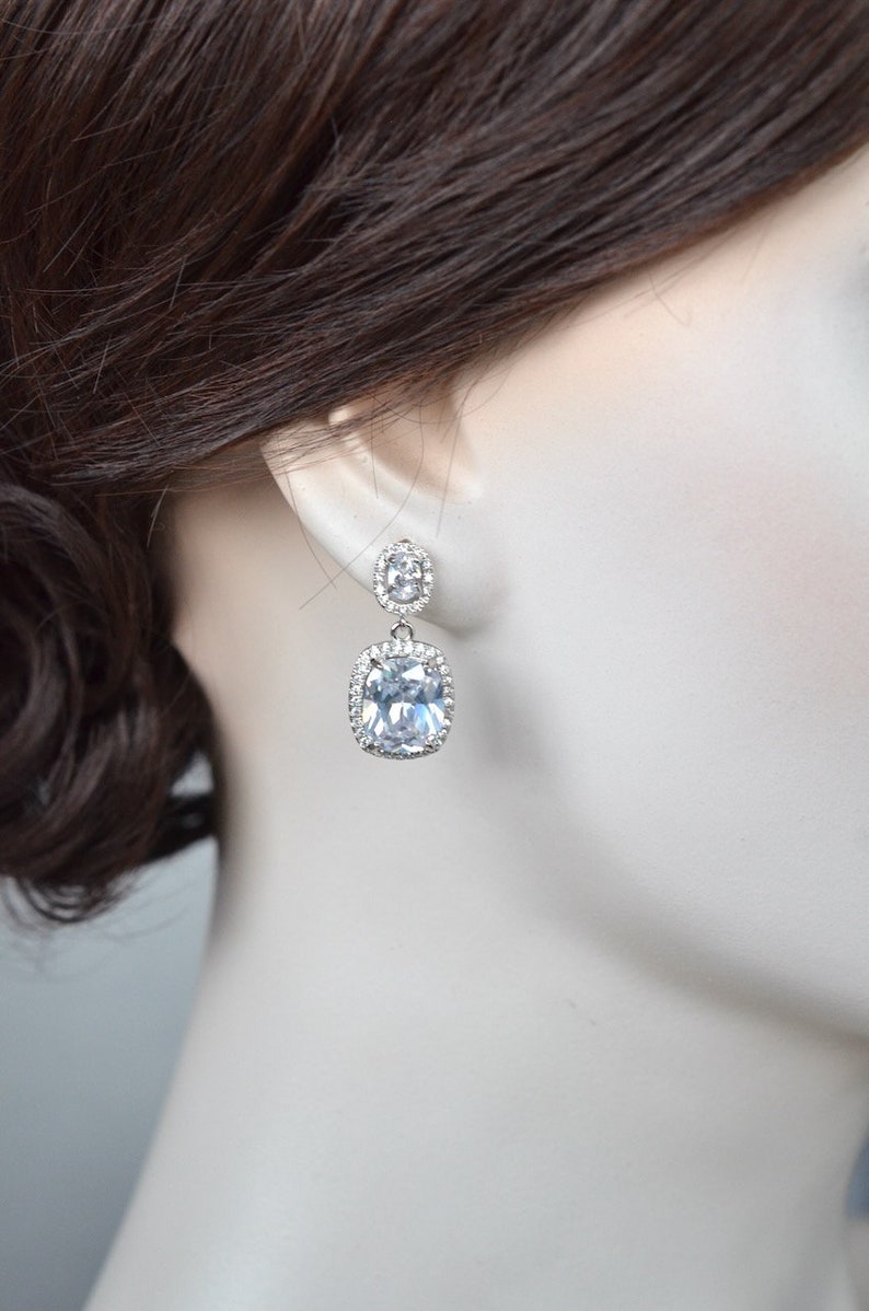 Silver or Gold Royalty Replica Catherine Princess of Wales CLEAR Cushion Cut CZ Bridal Drop Dangle Earrings, Wedding Sparkle-3379 image 2