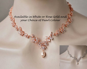 SALE White or Rose Gold Multi-Stone Pear, Marquise, Round Cut Cubic Zirconia & Pearl Necklace and Earrings Set, Bridal, Wedding (Pearl-967)