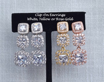 NEW Clip-On Rhodium, Yellow or Rose Gold Graduated Triple Clear Princess Square Cut CZ Halo Dangle Bridal Clip-On Earrings (Sparkle-1805-CO)