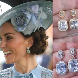 Silver or Gold Royalty Replica Catherine Princess of Wales CLEAR Cushion Cut CZ Bridal Drop Dangle Earrings, Wedding Sparkle-3379 image 1