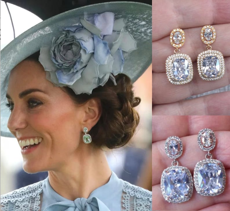 Silver or Gold Royalty Replica Catherine Princess of Wales CLEAR Cushion Cut CZ Bridal Drop Dangle Earrings, Wedding Sparkle-3379 image 1