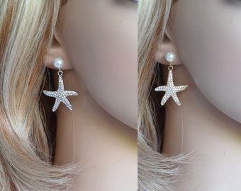 Silver or Goldtone Pearl Stud & Crystal Rhinestone Starfish Dangle Earrings, Starfish Necklace or Starfish Set Bridal (Pearl-1010)