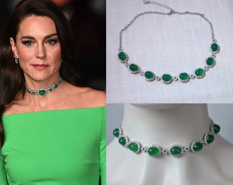 Réplica de la realeza Catalina Princesa de Gales Collar de gargantilla de jade verde ovalado y transparente con circonita cúbica verde (Sparkle-3411)