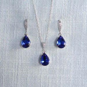Small Sapphire Blue Teardrop European Crystal Dangle Bridal Earrings, Necklace, Bracelet, Set, Bridal, Wedding (Sparkle-2897)
