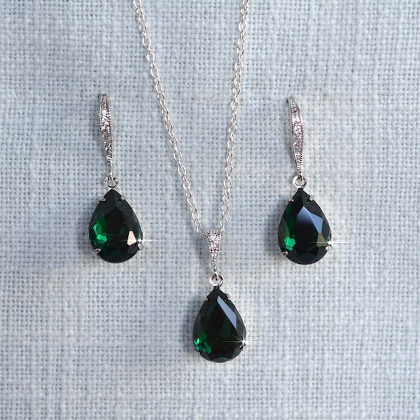 Small Swarovski Emerald Green Teardrop Crystal Dangle Bridal Earrings, Necklace, Bracelet, Jewelry Set, Wedding (Sparkle-2901)