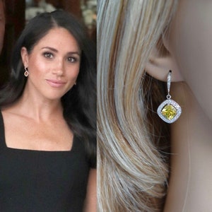 70+ Pairs Sold Royalty Replica Duchess of Sussex Meghan Markle Yellow & Clear Cubic Zirconia CZ Bridal Dangle Earrings (Sparkle-2959)