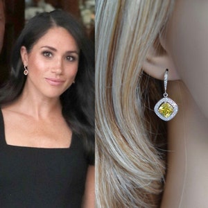 Royalty Replica Duchess of Sussex Meghan Markle Yellow & Clear Cubic Zirconia CZ Bridal Dangle Earrings (Sparkle-2959)