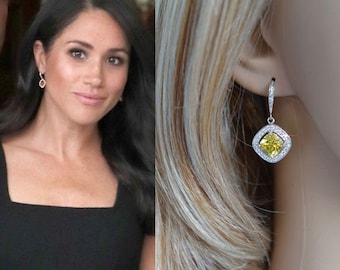 Royalty Replica Duchess of Sussex Meghan Markle Yellow & Clear Cubic Zirconia CZ Bridal Dangle Earrings (Sparkle-2959)