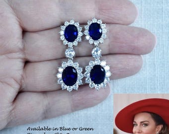 Catherine Princess of Wales Replica Double Oval Sapphire Blue CZ Dangle Earrings (Sparkle-3296)
