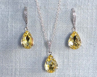 Small Jonquil Pale Yellow Teardrop European Crystal Dangle Bridal Earrings, Necklace, Bracelet, Jewelry Set Bridal, Wedding (Sparkle-2899)