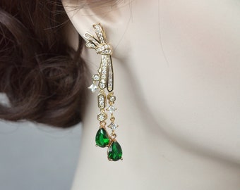 Luxe Clear Cubic Zirconia & Emerald Green Tassel Gold Drop Dangle Earrings, Bridal, Wedding (Sparkle-3386-A)