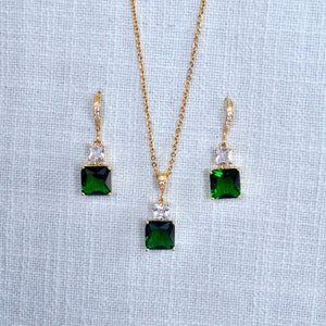 Emerald Green and Clear Princess Cut Cubic Zirconia CZ Gold Plated Dangle Bridal Earrings, Necklace, Bracelet, Set, Wedding (Sparkle-3337)