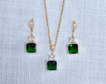 Emerald Green and Clear Princess Cut Cubic Zirconia CZ Gold Plated Dangle Bridal Earrings, Necklace, Bracelet, Set, Wedding (Sparkle-3337)