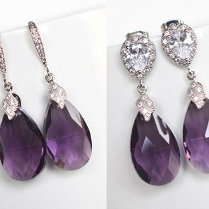 Boucles d'oreilles en cristal d'Autriche poire améthyste violette AAA, crochets d'oreilles français, boucles d'oreilles sur tige, collier, parure, mariée, mariage (Sparkle-2179)
