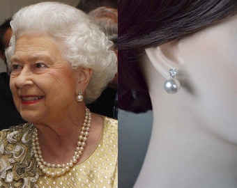 Más de 340 pares vendidos, réplica de realeza, pendientes de novia con circonita cúbica de la Reina Isabel y perlas de imitación, novia, boda (Pearl-930)