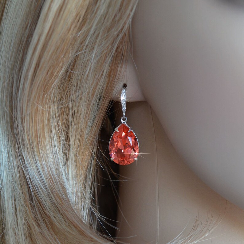 LAST PAIR Handmade Bright Coral Swarovski Padparadscha Pear Cut Crystal Earrings, Necklace, Set, Bridal, Wedding Sparkle-2644 image 2