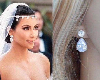 White, Yellow or Rose Gold Kim Kardashian Celebrity Inspired Luxe Clear CZ Teardrop Drop Bridal Earrings (Sparkle-2739)