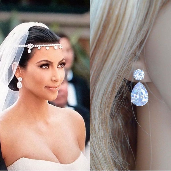 45+ Pair Sold White, Yellow or Rose Gold Kim Kardashian Celebrity Inspired Luxe Clear CZ Teardrop Drop Bridal Earrings (Sparkle-2739)